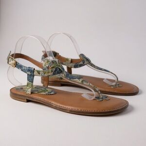 Miss Albright Anthropologie Thong Sandal Blue Floral Shimmery Leather Womens 10
